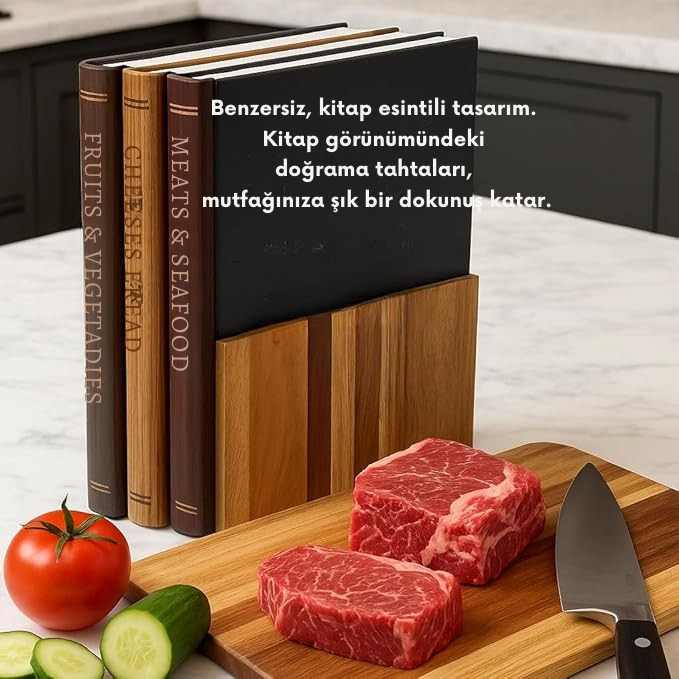 Kitaplık Şeklinde Kesme Tahtası Seti - Masif Akasya Ağacı - Stand Dahil