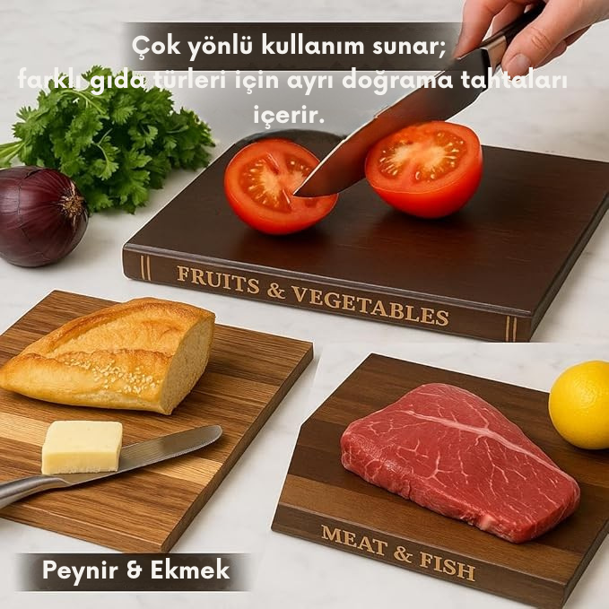 Kitaplık Şeklinde Kesme Tahtası Seti - Masif Akasya Ağacı - Stand Dahil