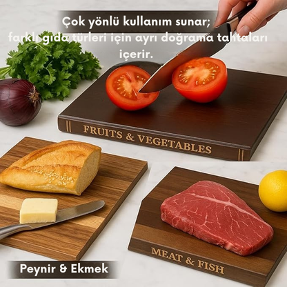 Kitaplık Şeklinde Kesme Tahtası Seti - Masif Akasya Ağacı - Stand Dahil