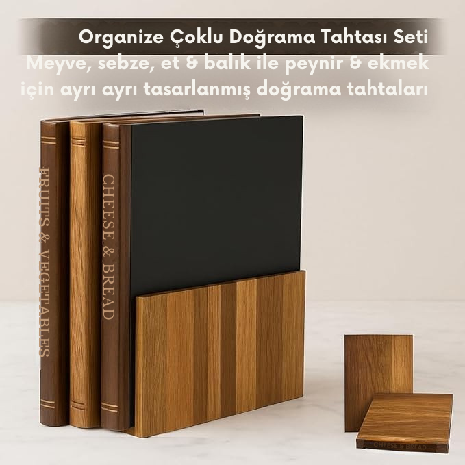 Kitaplık Şeklinde Kesme Tahtası Seti - Masif Akasya Ağacı - Stand Dahil